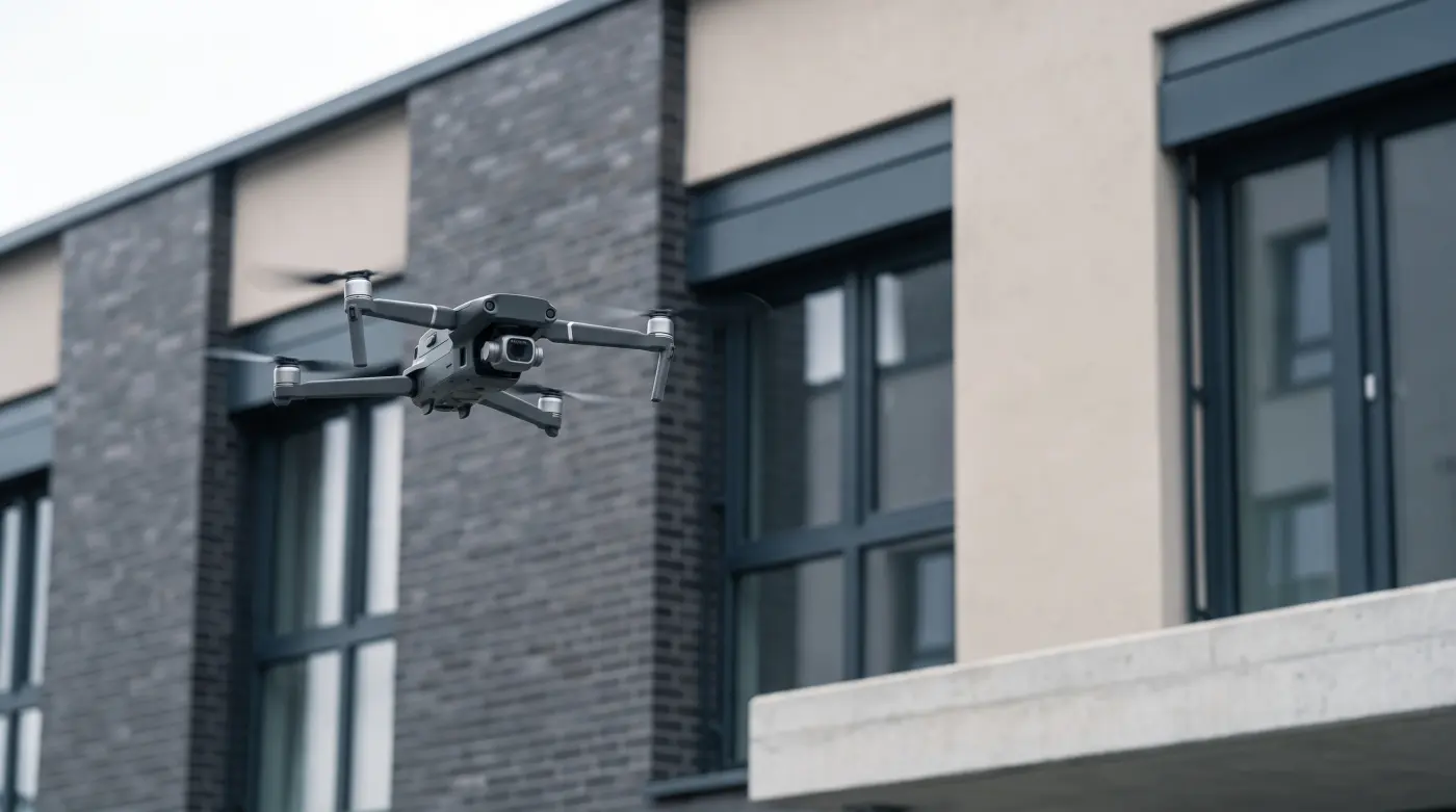 Inspectiedrone in vlucht langs een bakstenen gevel tijdens een gevelinspectie.