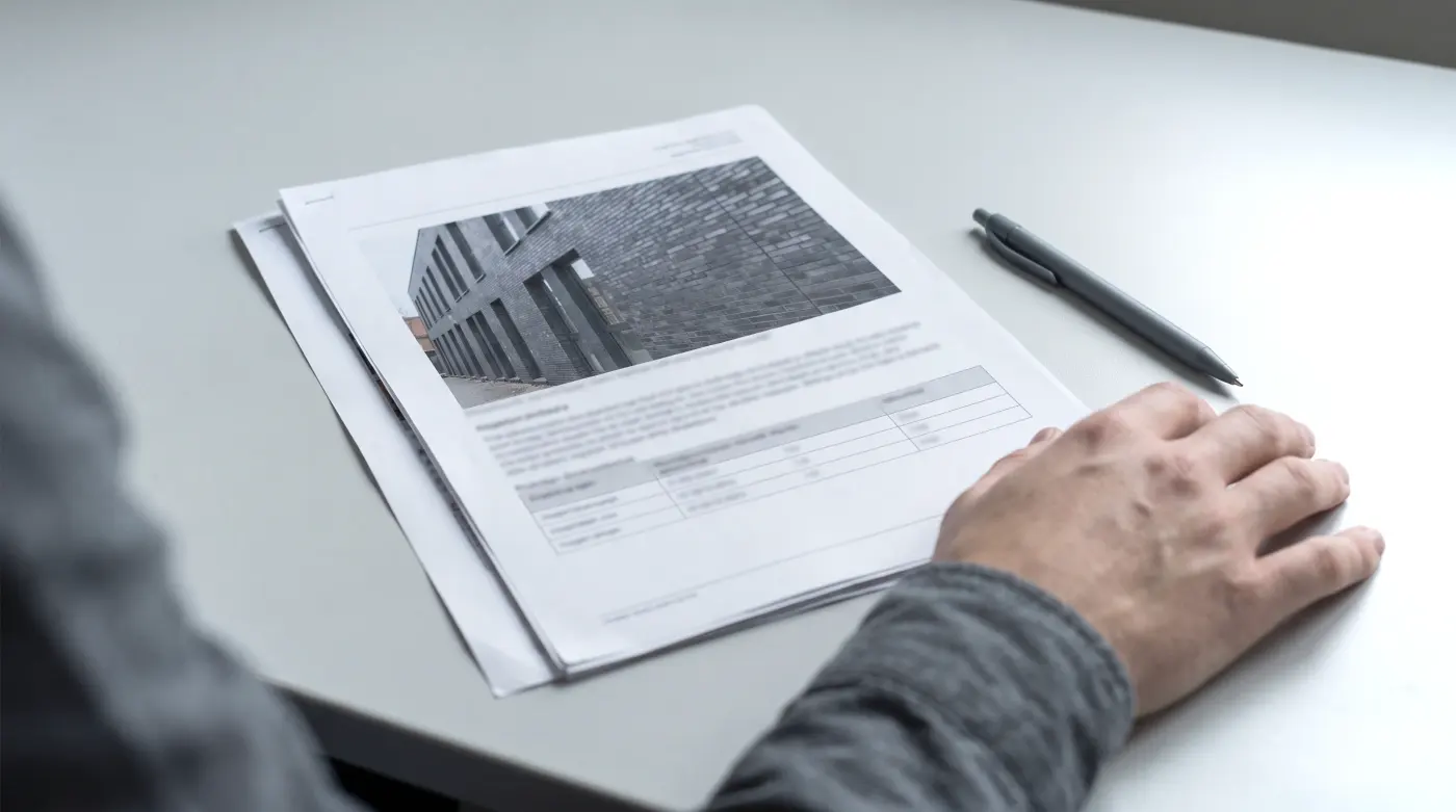 Gedrukte inspectierapportage met gevelfoto, bevindingen en conditietabel op tafel.